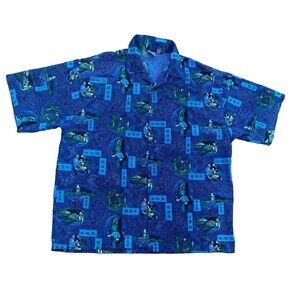 Authentic Shaolin Japanese Print Hawaiian Button Down Shirt Mens Size XL Blue